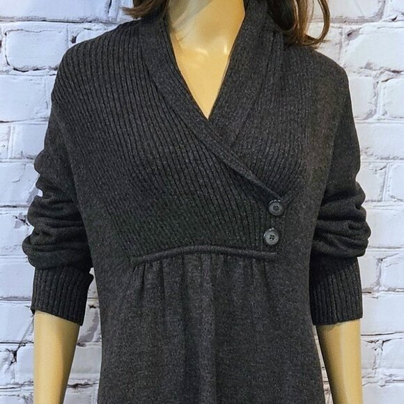 EVAN PICONE, Charcoal gray wrap-over neckline knee length knit sweater dress - Picture 5 of 9